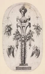 Design for a Term with the Head of Woman, Strapwork and Trophies