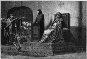 Pope Formosus and Stephen VII. The Cadaveric Council, 897: the corpse of Pope Formosus (pope 891 to 896), wearing his pontifical clothes, presented before a synodal assembly presided over by Pope Stephen VI or VII (pope 896 to 897), leading to the