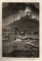 After the abandonment of their ship, the crew of La Hansa built a camp on a drifting ice floe, illuminated by the aurora borealis, engraving after the drawing of J. Moynet, illustrating the voyage of the ships La Germania and La Hansa to the North Pole