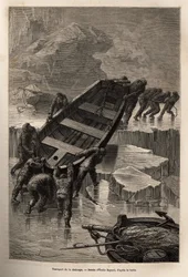 After the destruction of their camp, the crew of La Hansa carries boats and material from one iceberg to another. Engraving illustrating a voyage