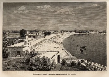 Chandernagor (present-day Chandannagar, in West Bengal), on the banks of the Ganges, engraving after the drawing by J. Moynet, illustrating the journey in India of the Rajahs, in 1864-1868, by Louis Rousselet, published in “Le tour du monde” 1874, edited b
