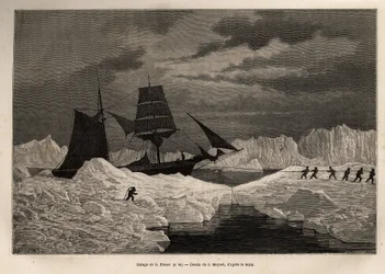 The hauling of the German ship La Hansa by its crew to cross an ice barrier. Engraving illustrating a voyage to the North Pole by Captain Hegemann, published in 
