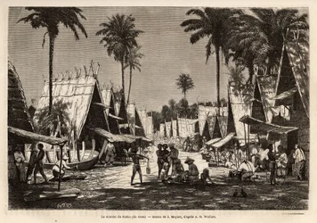 The march of Dobbo, a port centre on the Arou Island. Engraving illustrating a voyage to the Malaysian archipelago by Alfred Russell Wallace