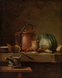 Still Life with Copper Pot, Cabbage, Pestle, and Stove