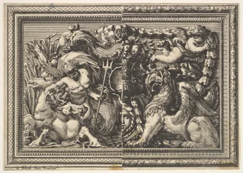 Design for a Panel with Two Variants containing a Hippocamp and a Griffin, from: Ornaments, 1651