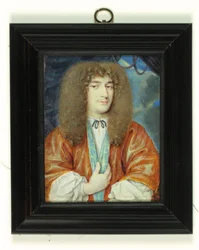 A Gentleman in white shirt and orange gown lined with blue silk, long light brown wig