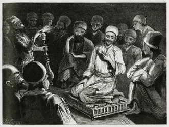 Persian storyteller surrounds his audience. Engraving to illustrate the story 