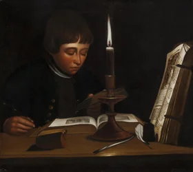 Boy Reading by Artificial Light
