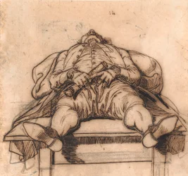 The Engraver F.L. Bradt Sleeping on a Table. Seen from the Shoes and in Strong Foreshortening