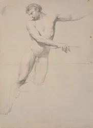 Same Model as gb5337, Facing Forward, Standing on Right Leg, While Left Knee Supports Against a Stool; Not Fully Drawn