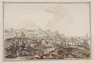 Cityscape with houses and wall by river; in the background churches and palaces