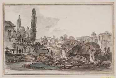 View with Tall Trees, Buildings, and Ruins