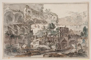 View with Ruins and Houses by a Stream