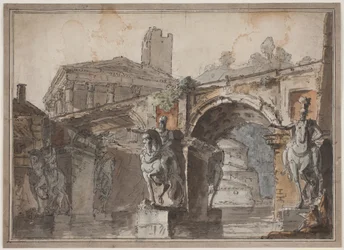 "Roman" Prospect with Bridge, Temple Ruin, and Equestrian Statue