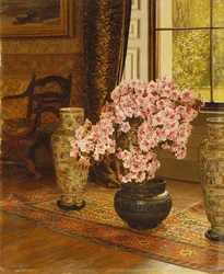 Azalea in a Japanese Bowl, with Chinese Vases on an Oriental Rug, in an Interior