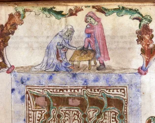 Judaism: Hebraic rite of foot washing (ablution) of the traveller. Miniature from a 14th century Hebrew manuscript. Biblioteca Palatina, Parma