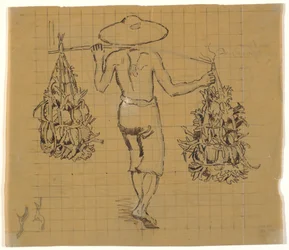 Walking Javanese Coolie with Two Burdens on a Yoke, Seen from Behind