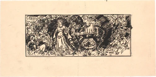Princess leads a black horse to a seated knight in the forest
