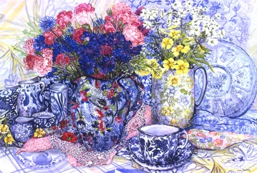 Cornflowers with Antique Jugs and Patterned Fabrics, 2012