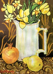 Tulips and Daffodils in a White Jug, with Textiles, Pomegranate and Pear