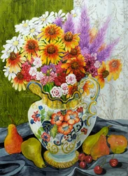 Victorian Jug with Mixed Flowers, Pears and Cherries