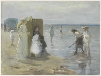 View Along the Shoreline at Scheveningen Beach, with Two Ladies and Children