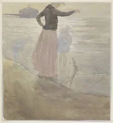 Woman with Two Children and a Dog on the Beach