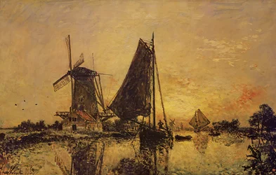 In Holland, Boats Near a Windmill