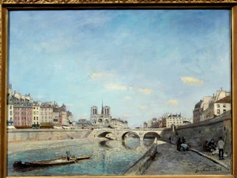 View of the banks of the Seine and the Notre Dame Cathedral in Paris. A barge on the river. Painting by Johan Barthold Jongkind
