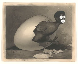 Design for Illustration in De Amsterdammer: A Black Man Crawls Out of an Egg (April 19, 1930)