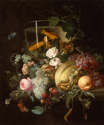 A Goldfish Bowl, Roses, Fruits and Nuts with Insects on a Stone Ledge