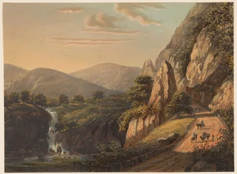 View of a Waterfall and Country Road in Preanger on Java (In the Sumandansche, Preanger Regencies)