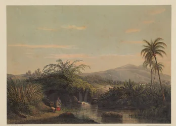 Two Figures at a Watering Place in Java (View of the Land Tjiliboet, Assistant-Residency Buitenzorg)