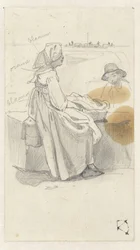 Woman in Profile Resting on a Wall with a Basket