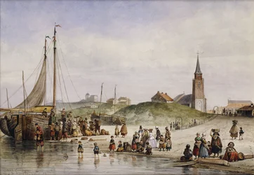 Fisherfolk on a Beach with a Town Beyond, 1857