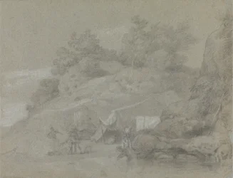 A River by a Rocky Bank with Figures, Possibly in India