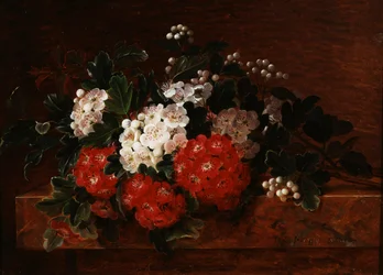 Hawthorns on a Marble Ledge. Painting by Johan Laurentz Jensen (1800-1856) Private Collection