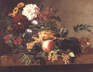 Flowers and Fruit on a Marble Table