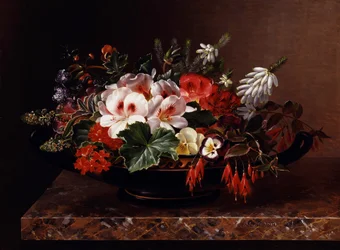White Geraniums, Pansies and Heather in a Greek Kylix. Painting by Johan Laurentz Jensen (1800-1856) Private Collection