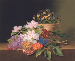 Lilac, Apple Blossom, Cornflowers and Sweet Williams with a Pot of Violas on a Ledge