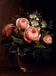 Roses and Tree Anemone in a Glass Vase. Painting by Johan Laurentz Jensen (1800-1856) Private Collection
