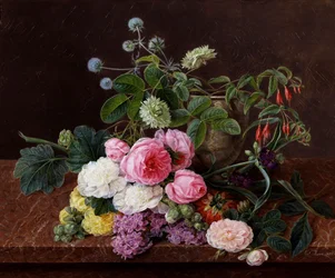 Moss Roses, Peonies, and Double Hollyhocks with Mauve Commelinas. Painting by Johan Laurentz Jensen (1800-1856) Private Collection.