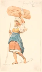 Barefoot Peasant Girl with a Bundle of Firewood on Her Head