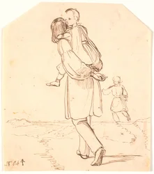 A Young Man Carries a Little Girl on His Back through a Landscape