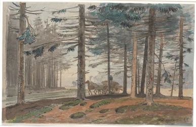 Pine Forest with Road, on which a Horse-Drawn Wagon with a Load of Firewood is Driving. In the Background a Clearing in the Forest