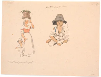 Italian Woman with a Bucket on Her Head and a Begging Boy by Her Hand. To the Right, Study of a Seated Italian Boy