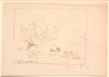 Landscape with a Willow Tree by Large Stones, a Rooster, a Plow, and Three Cows