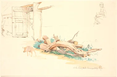 Some Tree Trunks and a Pig in Front of a Barn Door, Top Right Study of a Sitting Herdsman