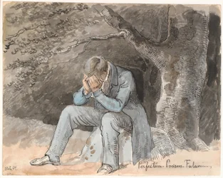 "Perfectum - Present - Future". Young Man Sitting Under a Tree on a Stone with Hands Over Face