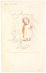 Scene on a Balcony. Little Boy Watching Some Pigeons. A Rolled-Up Cat on the Railing in the Background